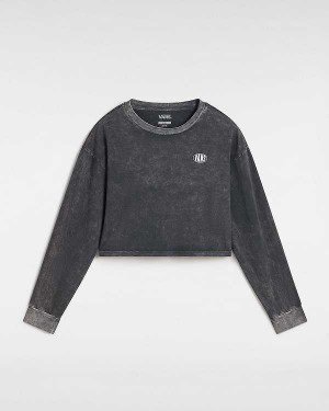 Black Women Vans Oval Wash Relaxed Long Sleeve Crop T Shirts Canada | VN0489723
