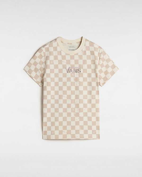 Beige Women Vans Allover Check Crew T Shirts Canada | VN2560397