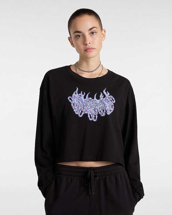 Black Women Vans Hot Links Relaxed Long Sleeve Crop T Shirts Canada | VN2149753