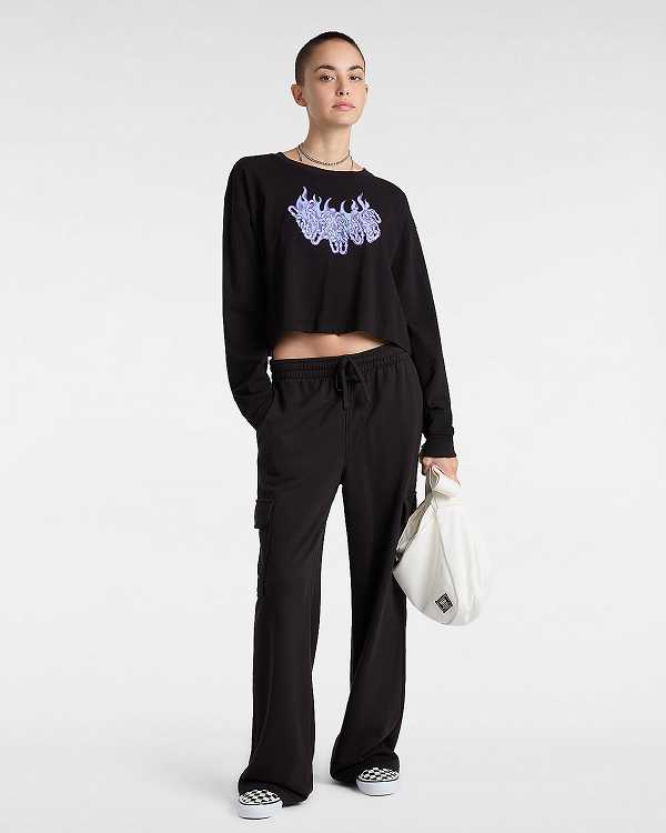 Black Women Vans Hot Links Relaxed Long Sleeve Crop T Shirts Canada | VN2149753