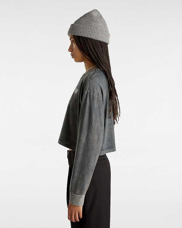 Black Women Vans Oval Wash Relaxed Long Sleeve Crop T Shirts Canada | VN0489723