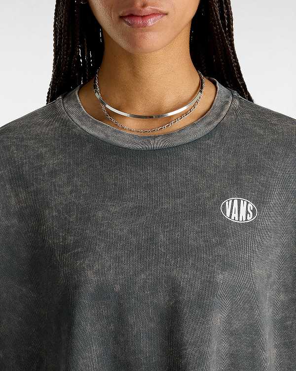 Black Women Vans Oval Wash Relaxed Long Sleeve Crop T Shirts Canada | VN0489723