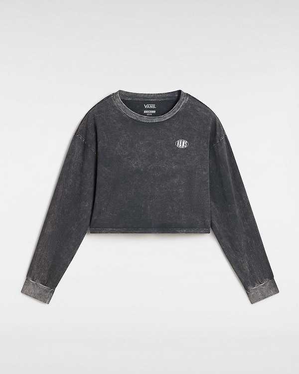 Black Women Vans Oval Wash Relaxed Long Sleeve Crop T Shirts Canada | VN0489723