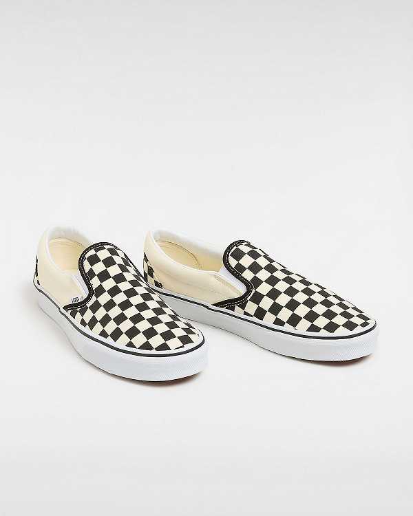 Black / White Men Vans Checkerboard Classic Slip On Shoes Canada | VN4670218