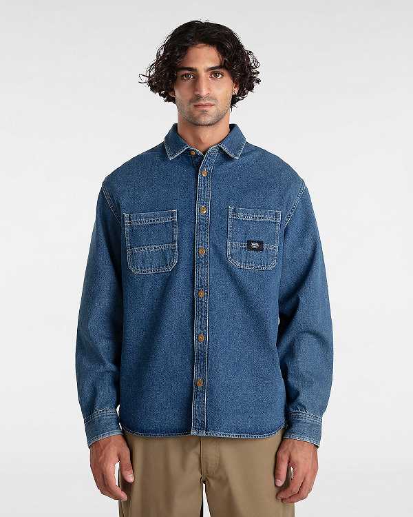 Blue Men Vans Stevens Denim Long Sleeve Shirts Canada | VN9470268