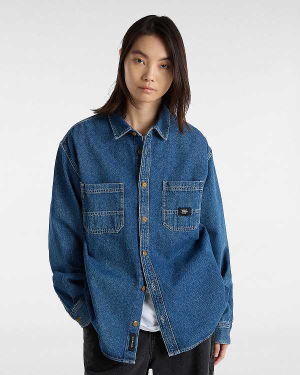 Blue Men Vans Stevens Denim Long Sleeve Shirts Canada | VN9470268