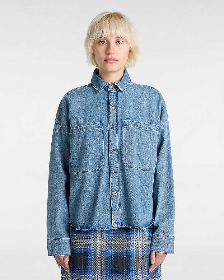 Blue Women Vans Antica Boxy Denim Long Sleeve Shirts Canada | VN5934267