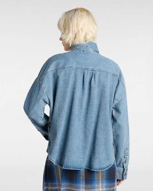 Blue Women Vans Antica Boxy Denim Long Sleeve Shirts Canada | VN5934267