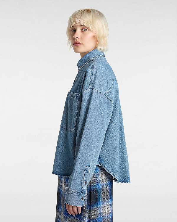 Blue Women Vans Antica Boxy Denim Long Sleeve Shirts Canada | VN5934267