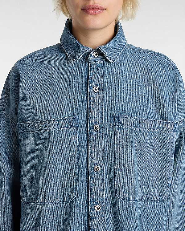 Blue Women Vans Antica Boxy Denim Long Sleeve Shirts Canada | VN5934267