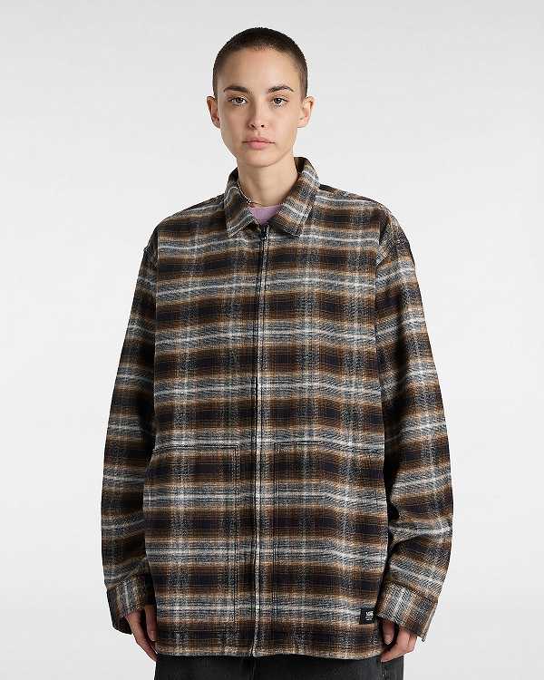 Brown Men Vans Montwood Zip Flannel Shirts Canada | VN4967513