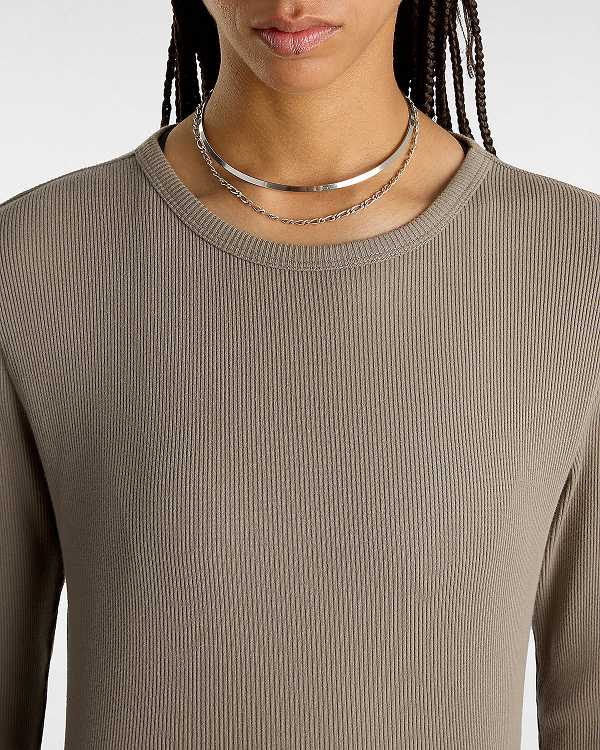 Brown Women Vans Drew Rib Long Sleeve Top T Shirts Canada | VN6143582
