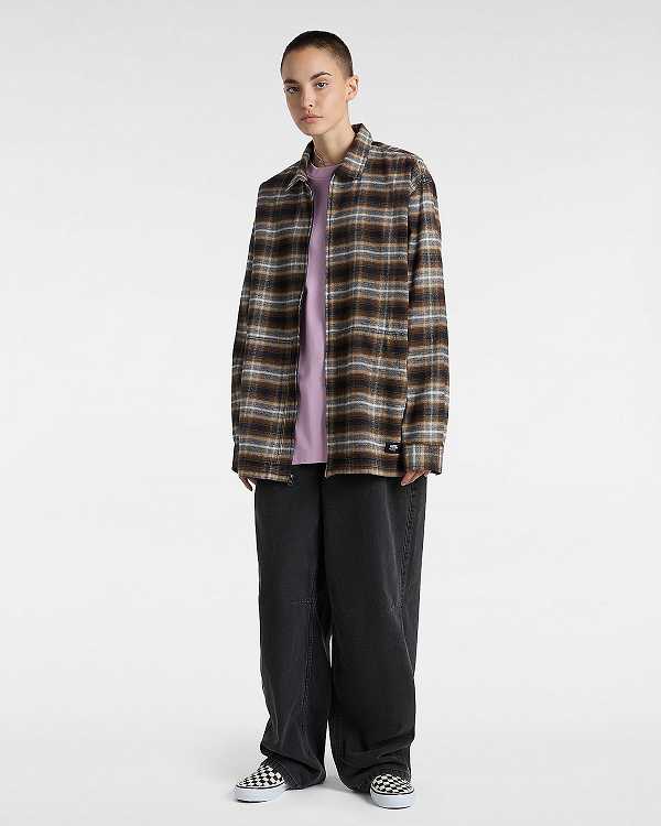 Brown Women Vans Montwood Zip Flannel Shirts Canada | VN7189206